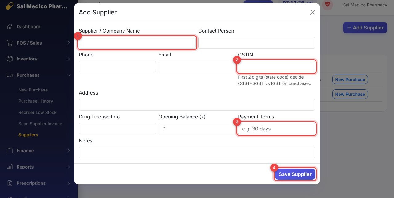 Fill the supplier form